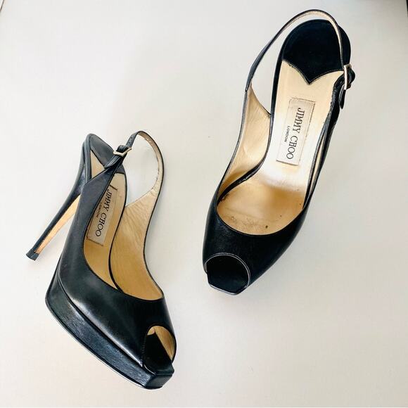 JIMMY CHOO Classic Black Leather Open Peep Toe Heeled Slingback Sandals Shoes 38 - Picture 16 of 16